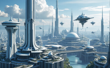 Gleaming Futuristic Metropolis Soaring Towers Sky Vehicles city skyscrapers