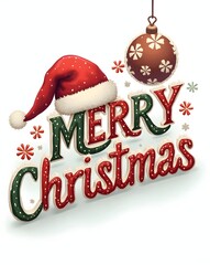 Merry christmas greeting card with santa hat and bauble isolated on white background