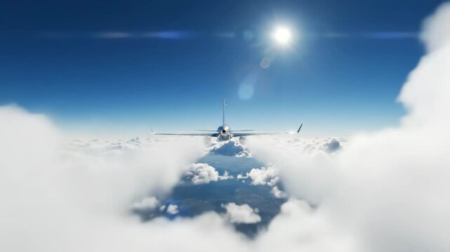 Airplane flying through clouds - A silver airplane is seen from behind flying high in the sky through fluffy white clouds. The sun shines brightly overhead, creating a lens flare effect.
