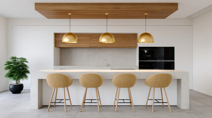 Modern open kitchen interior design with bar stools and pendant lights contemporary style bright atmosphere