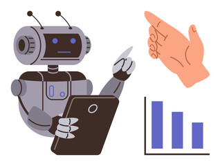 Robot holding a tablet, pointing at a human hand gesture, and analyzing a bar graph. Ideal for technology, AI, robotics, automation, communication data analysis human-machine interaction. Simple