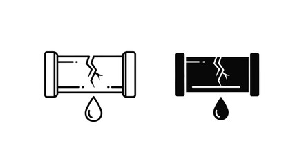 Vector icon illustrating a broken and leaking water pipe, symbolizing plumbing damage and urgent repair needs