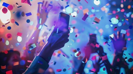 Hands raised in celebration with colorful confetti falling. A smartphone is held up, capturing the festive atmosphere. Bright lights illuminate the scene.