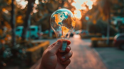 Illuminated lightbulb with glowing world map represents global ideas, energy, and innovation