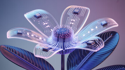 3D Digital Flower Symbolizing the Fusion of Nature and Technology Innovation,eco-friendly technology,Technology organic nature design,flower symbolizing connection between AI and nature,Ai