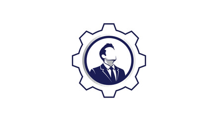 Corporate logo design featuring a faceless businessman inside a cogwheel.