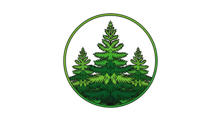Stylized illustration of three green pine trees within a circular green frame on a white background, resembling a nature-themed logo.