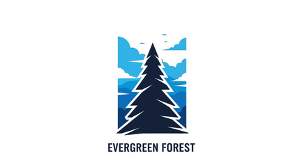 A stylized logo featuring a dark blue evergreen tree within a rectangular frame, with a light blue sky and water.