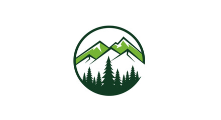 Logo design featuring mountains, trees, and a circular frame, evoking nature and outdoor themes.