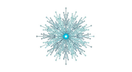 A complex, intricate light blue digital snowflake or starburst design with a glowing cyan center, radiating outwards on a white background.