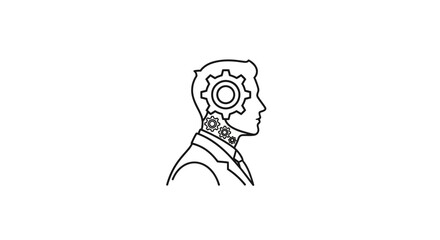 Minimalist line drawing of a human head profile with mechanical gears representing thought processes and intelligence.