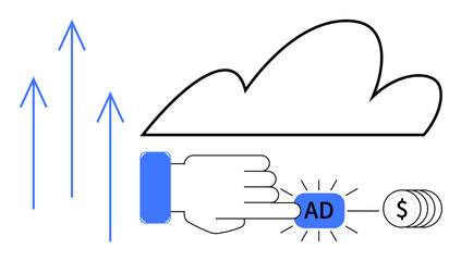 Hand clicking ad button, dollar coins, growing arrows, cloud for digital setting. Ideal for marketing, online ads, e-commerce, monetization strategies, growth web analytics simple flat metaphor