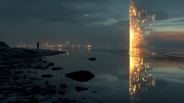 Surreal sci-fi seascape with a glowing golden portal reflecting in calm water. A lone figure stands on the shore under a dark, mysterious sky