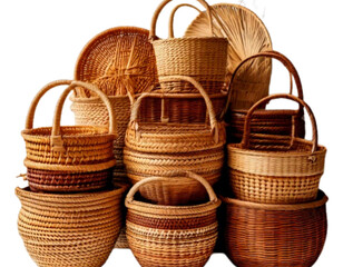 Firefly Collection of Handwoven Baskets in Natural Materials, Front View, Isolated on Transparent Ba