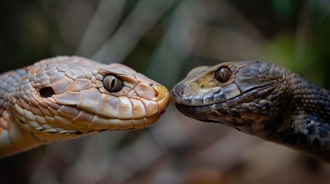 Two close-up skinks face each other. One skink is light brown with a smooth texture, while the other is dark brown with a rough texture. They are in a natural setting.