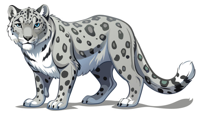 A majestic snow leopard with a spotted coat and piercing blue eyes, standing gracefully on a