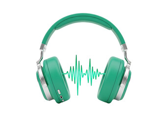 Fototapeta premium Green wireless headphones with sound waves isolated on transparent background for listening music