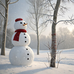 A snowman in red scarf in the winter forest