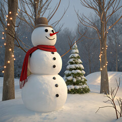 A snowman in red scarf in the winter forest