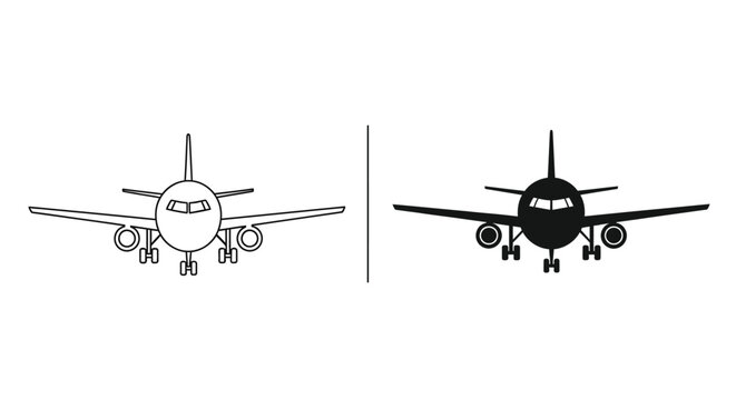 Front view airplane icon set, black outline and solid silhouette designs for travel and transport applications