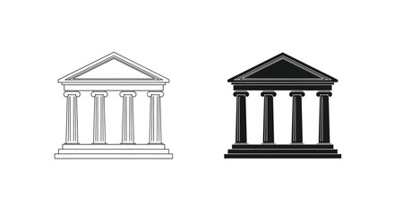Obraz premium Courthouse, bank, or university building icon set with classical columns in silhouette and outline style
