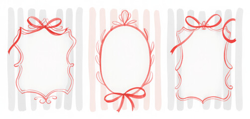 Watercolor set of whimsy frames with ribbons and red bows on delicate simple backgrounds. Collection prints for your text, photo or design card. Hand drawn illustration.

