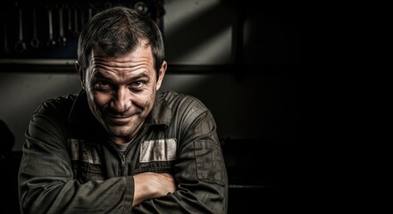 Fototapeta premium Portrait of Confident Mechanic in Dimly Lit Workshop Environment