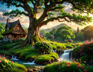 A hand-drawn cartoon landscape with bright green grass and flowers, with wooden houses and trees.