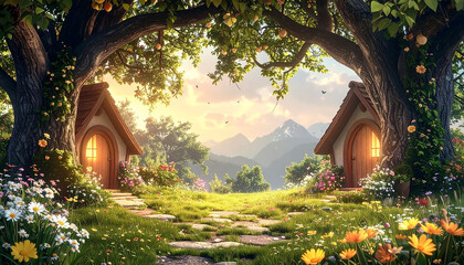 A hand-drawn cartoon landscape with bright green grass and flowers, with wooden houses and trees.