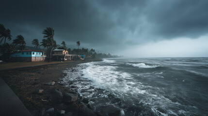 powerful storm strike on Philippines beach shore with small village long the shoreline 