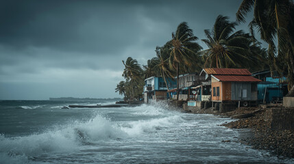 powerful storm strike on Philippines beach shore with small village long the shoreline 