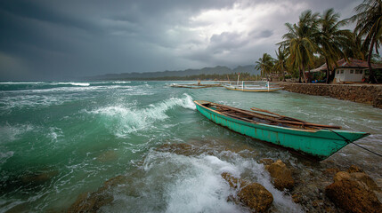 row boat on pebble beach , storm strike on Philippines beach shore 