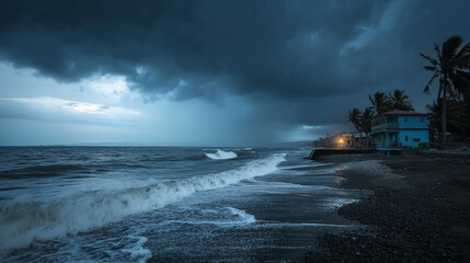 powerful storm strike on Philippines beach shore with black cloud and 