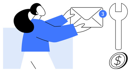 Woman reaching out to manage a new email notification, surrounded by symbols of a wrench and a coin. Ideal for communication, technology, service, finance, messaging, teamwork business. Simple flat