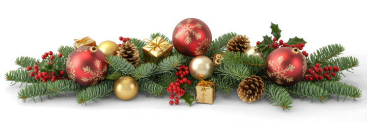 Christmas decorations with tree branches and baubles isolated on white background
