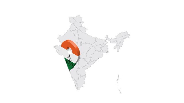 Location Goa on map India. 3d Goa State emblem map marker location pin. Map of India showing different parts. 4K.  Animated Video