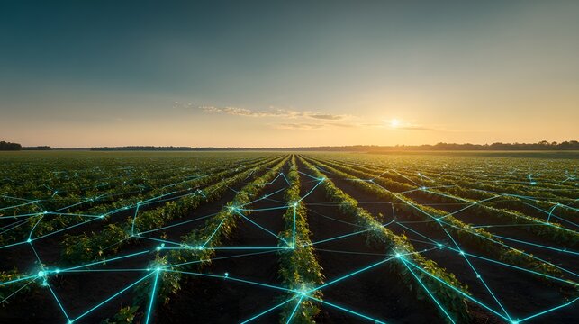 Digital connectivity overlays green cultivated rows in a field during sunset