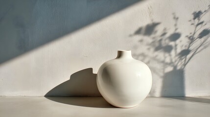 Smooth, round ceramic vessel sits against a textured white wall catching strong directional sunlight