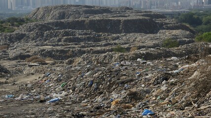 Vast landfill site with mountains of waste and distant city skyline