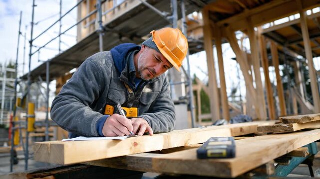 Skilled construction carpenter measures timber and marks precise cuts on a busy build site, wearing a hardhat and safety gear as morning light reveals sawdust, fresh lumber, and the framework rising