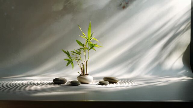 Minimalist zen composition with a fresh green sprout rising among smooth stones and raked sand circles, soft daylight and gentle shadows creating a calm, meditative atmosphere for wellness and mindful