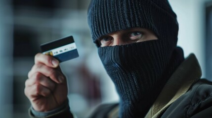 A masked man holds a credit card in a dimly lit environment. He wears a black beanie and a dark jacket, suggesting a sense of secrecy or illicit activity.