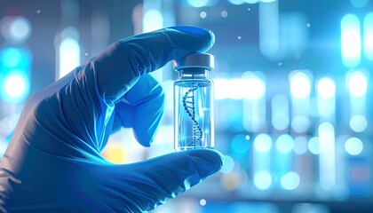 Scientist in Blue Gloves Holds Vial with DNA Helix Futuristic Blue Laboratory Background
