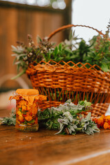 rustic herbal display, artisanal collection of herbs and flowers arranged charmingly