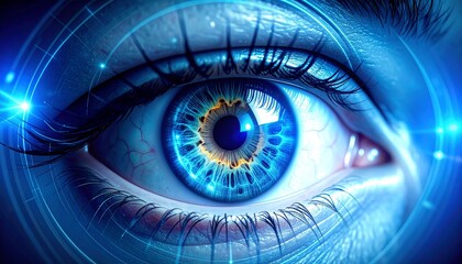 Futuristic Blue Eye with Cybernetic Glow Vision Technology AI Surveillance