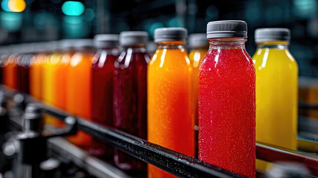 Assorted colorful juice bottles production