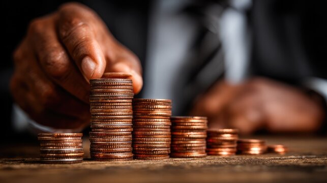 Businessman stacking coins symbolizing savings and financial success