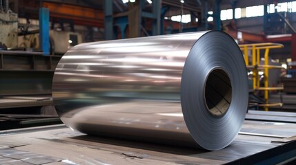 A large roll of shiny aluminum foil sits on a wooden pallet in a factory setting. The background features industrial machinery and a spacious workshop.