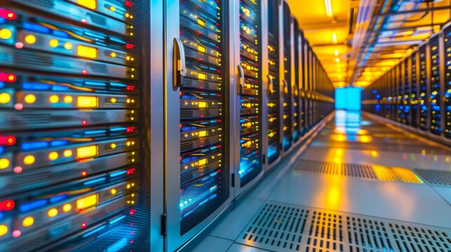 Illuminated server rack leds in data center corridor featuring cable trays, raised tiles, and vents
