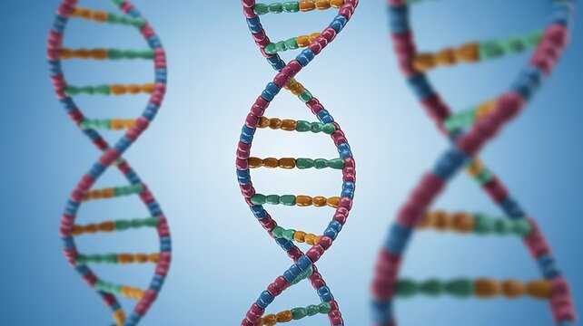Colorful dna double helix strands on a blue background
